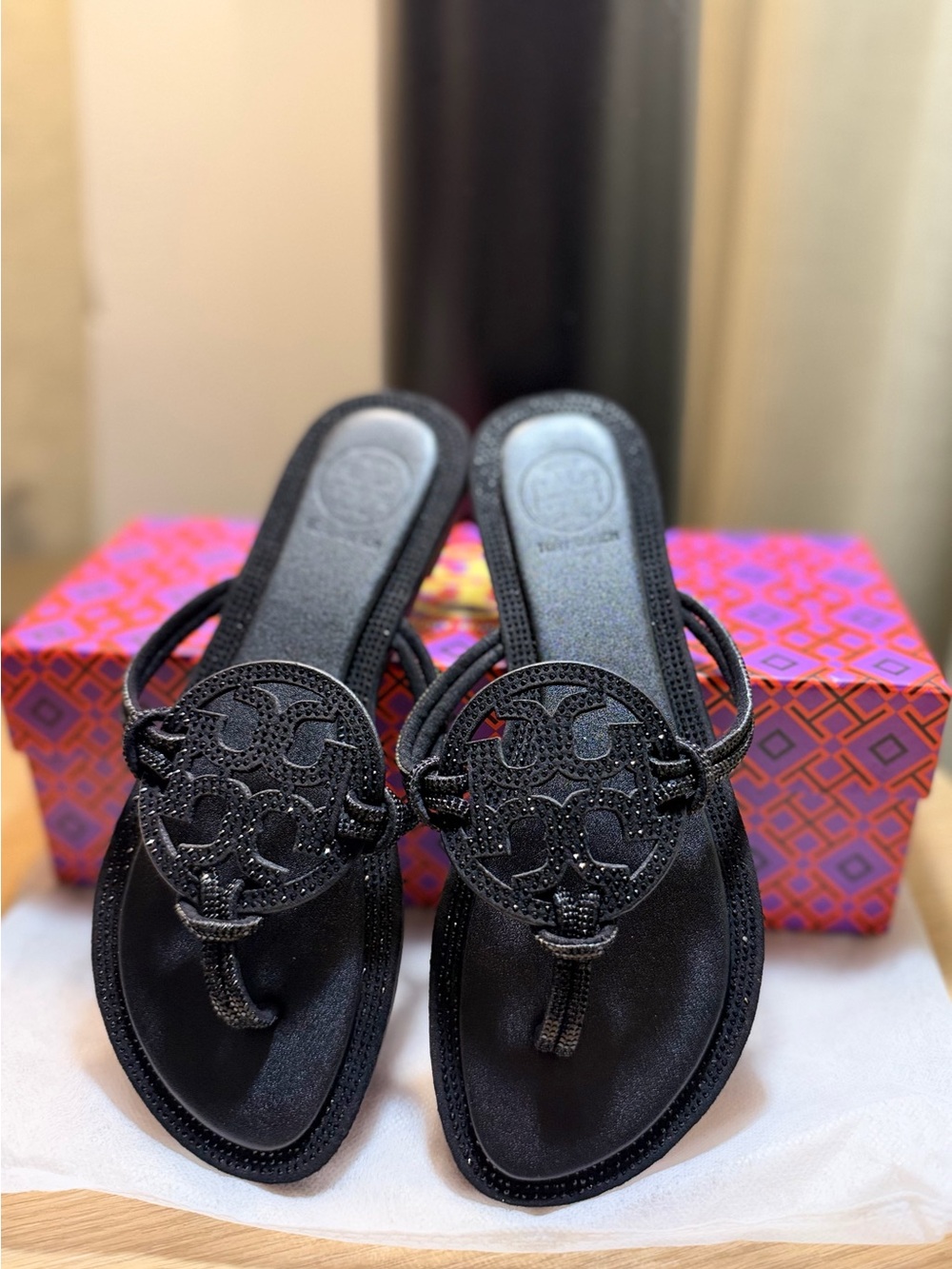 Tory Burch Black Glitter Logo Thong Sandals